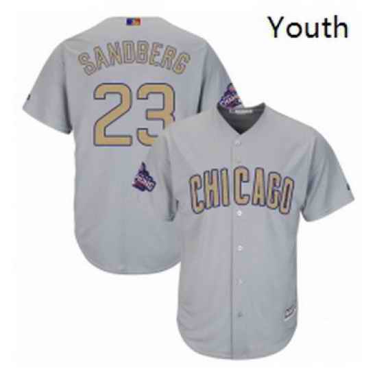 Youth Majestic Chicago Cubs 23 Ryne Sandberg Authentic Gray 2017 Gold Champion Cool Base MLB Jersey